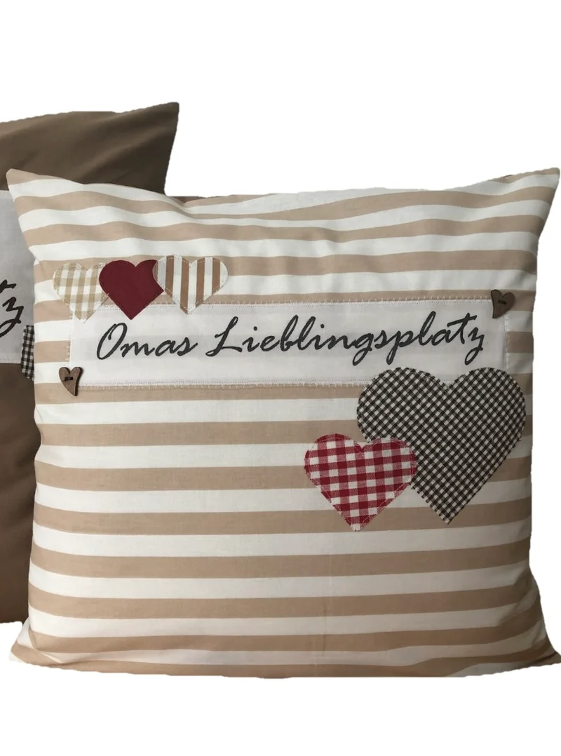 Landhausstil Kissenhülle * Kissenbezug * Dekokissen beige/weiß * Omas Lieblingsplatz *beige/weiß