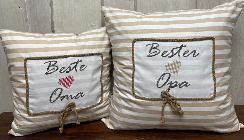 Landhausstil Kissenhülle, Kissenbezug, Dekokissen *Bester Opa* beige/weiß gestreift