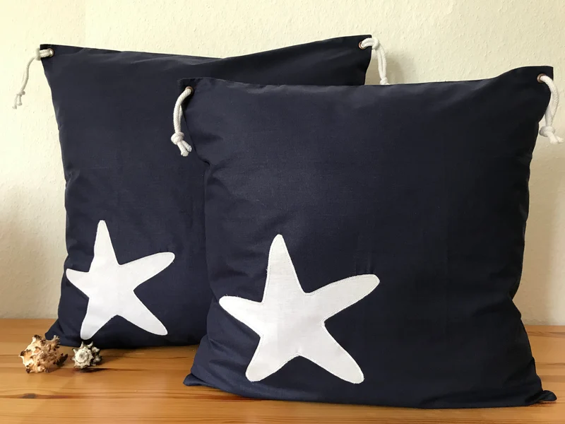 1x Maritime Kissenhülle, Landhausstil Dekokissen, Seestern. blau/weiß