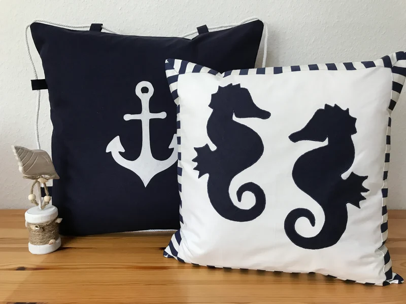 Maritime Kissenhülle, Landhausstil Kissenbezug * Seepferdchen weiß/blau