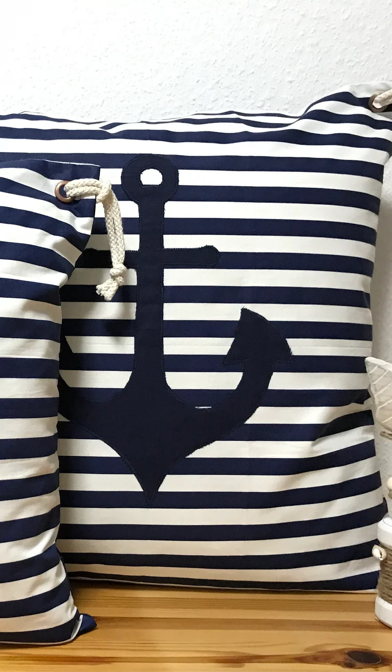 Maritime Kissenhülle, Landhausstil Kissenbezug, Anker blau/weiß