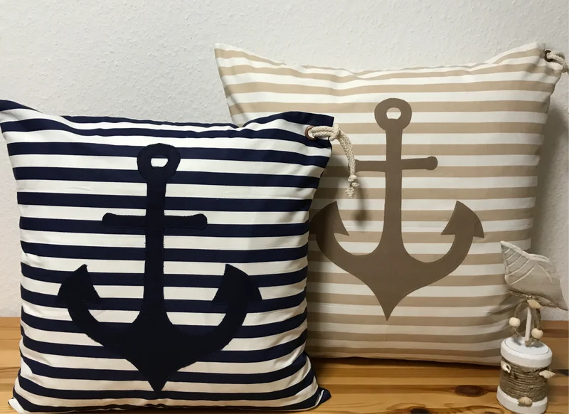 Maritime Kissenhülle, Landhausstil Kissenbezug, Anker blau/weiß