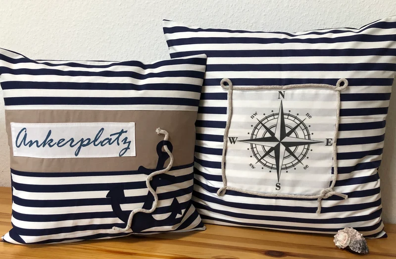 1x Maritime Kissenhülle, Kissenbezug, Landhausstil Kissen, Dekokissen Ankerplatz blau/weiß
