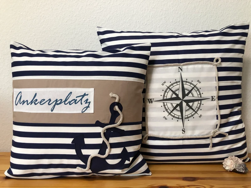 1x Maritime Kissenhülle, Kissenbezug, Landhausstil Kissen, Dekokissen Kompass blau/weiß
