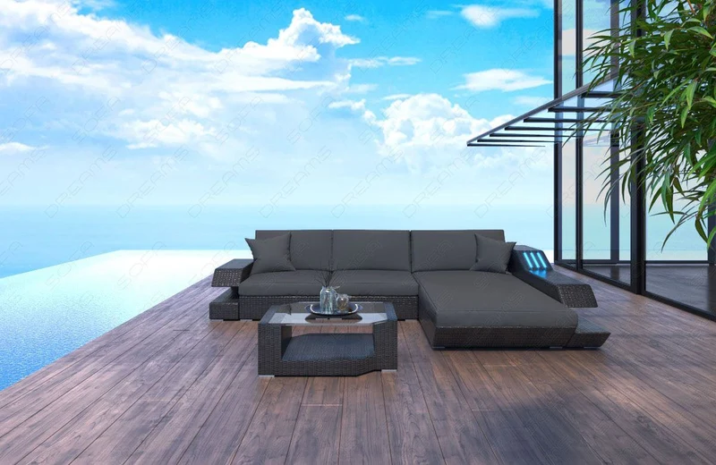 Sofa Rattan Ravenna Graues L-Form in Stoff