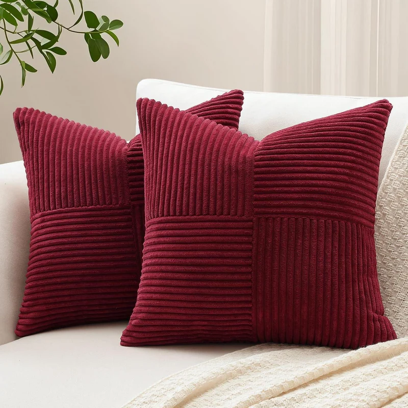 Cord Kissenbezug 40x40 cm, Burgund, 2er Set mit Streifenmuster