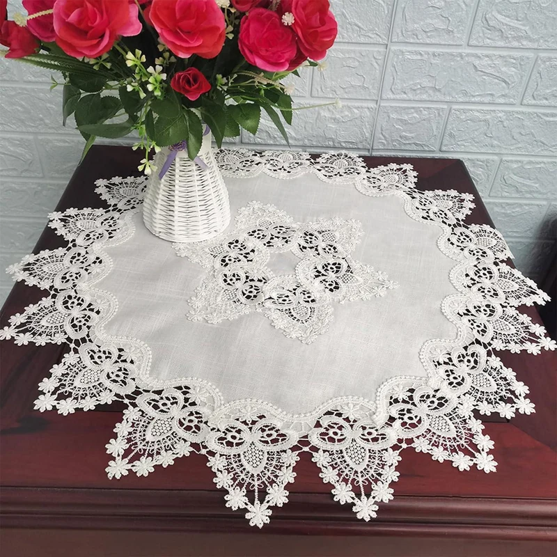 Runde Leinen Tischdecke Spitze 60x60cm - Vintage Couchtischauflage