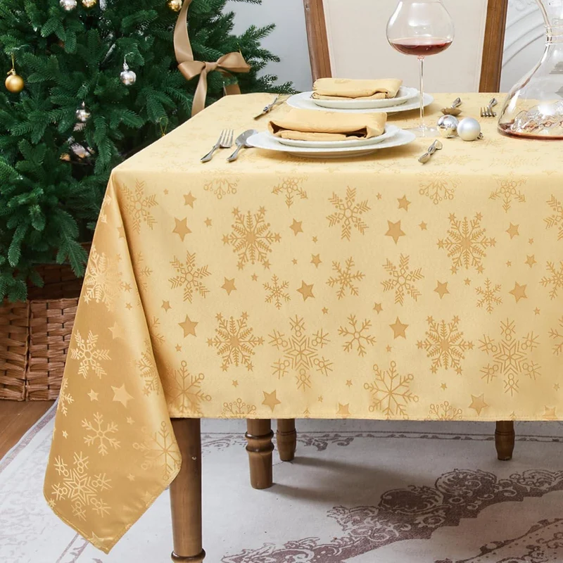 Romanische Weihnachts Tischdecke Gold 140x240 cm Schneeflocken & Sterne