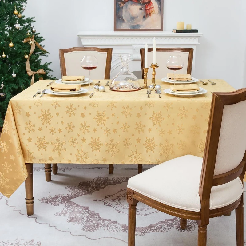 Romanische Weihnachts Tischdecke Gold 140x240 cm Schneeflocken & Sterne