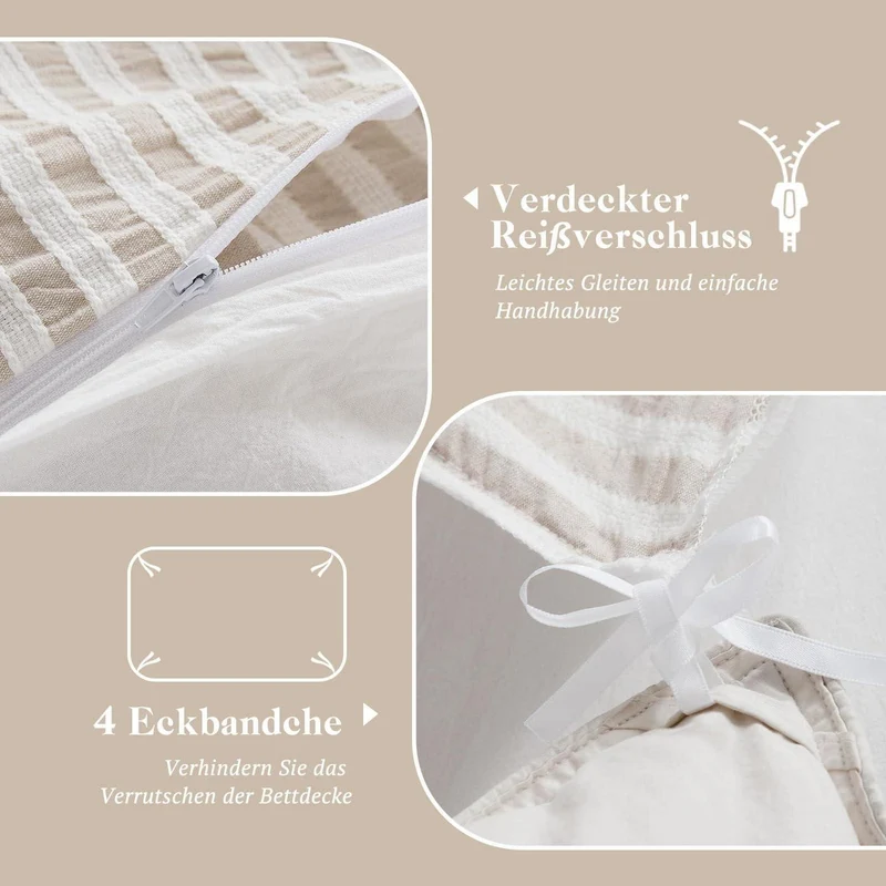 Bettwäsche-Set 220x240 Baumwolle Gestreift Khaki & Weiß 3tlg.