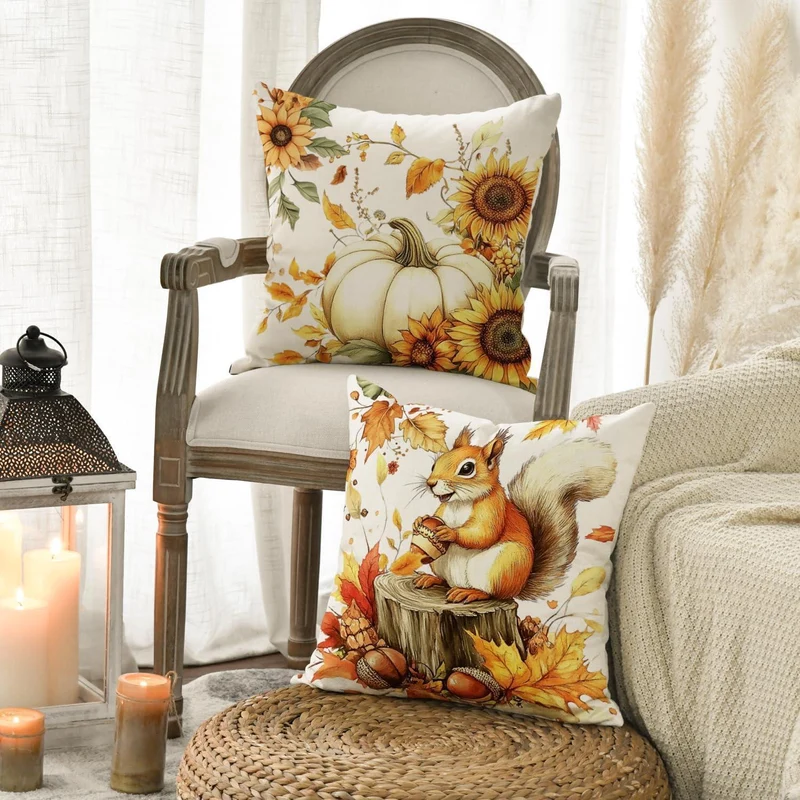 Herbst Kissenbezüge Eichhörnchen Kürbis 40x40 cm 4er Set Orange
