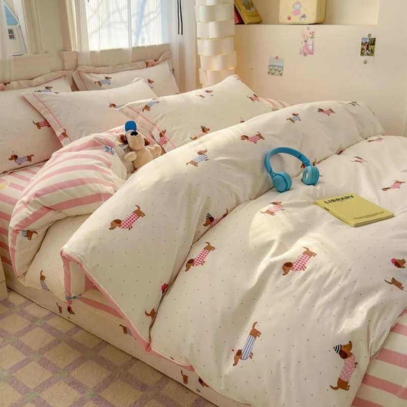 Dackel Bettwäsche 135x200 Rosa Gestreift mit Dackelmotiv