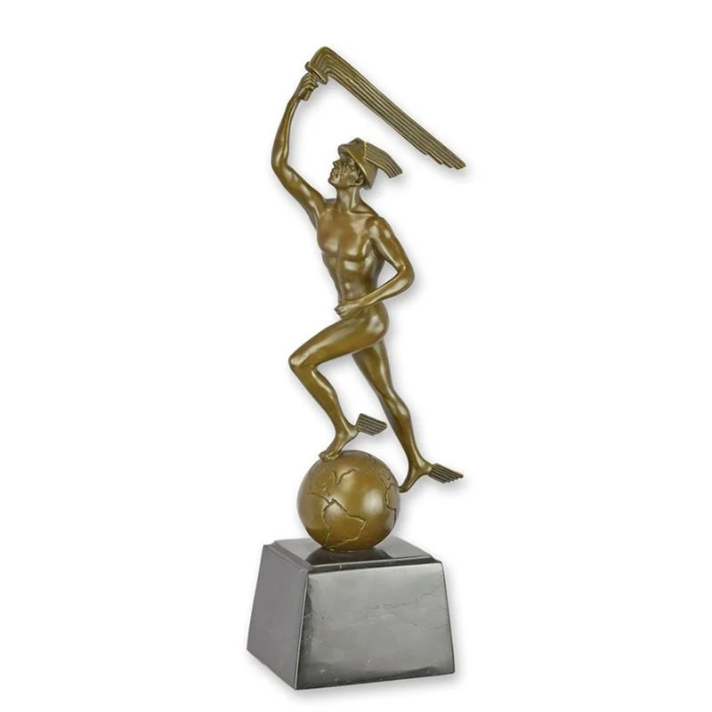 Casa Padrino Luxus Art Deco Bronzefigur Merkur auf der Weltkugel Bronze / Schwarz 8,4 x 13,4 x H. 36,7 cm - Bronze Skulptur mit Marmorsockel - Merkur Deko Figur - Büro Deko