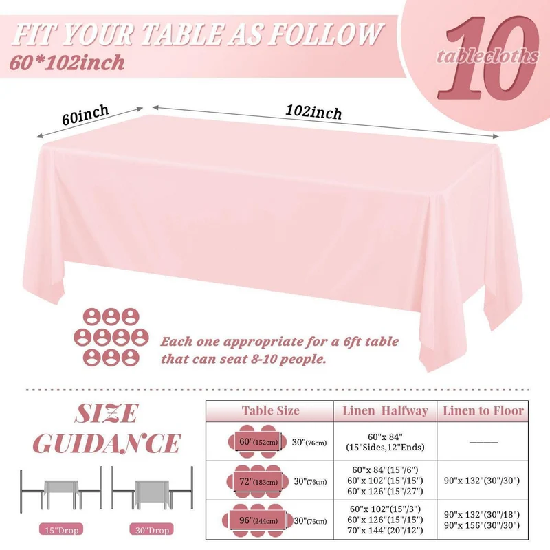 Rosa Tischdecke 10er-Pack – Rechteckig 1,8m – Fleckenresistent