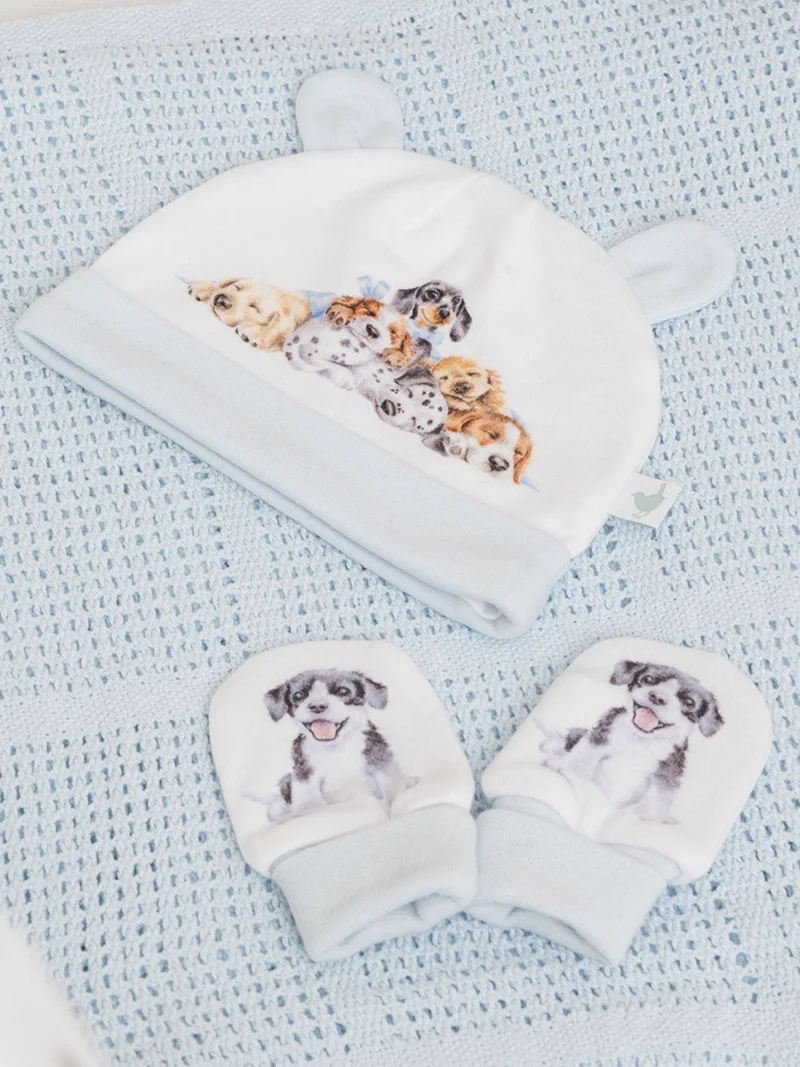 Hunde Baby-Geschenkset mit Mütze und Handschuhe "Little Paws" von Wrendale Designs
