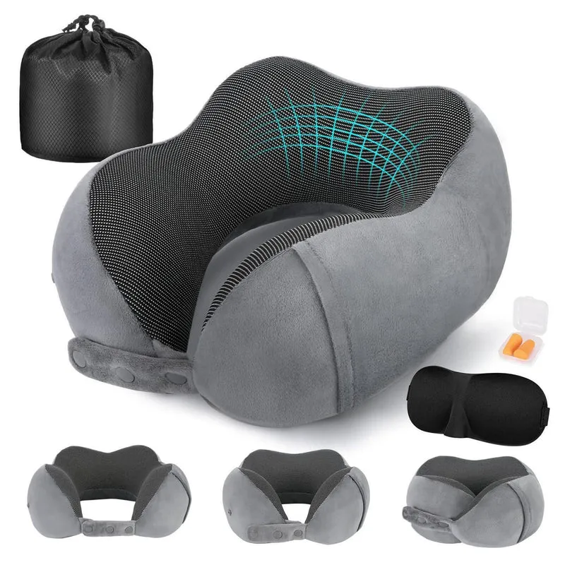 Reisekissen Memory Foam Nackenkissen Flugzeug Verstellbar Grau