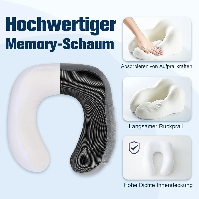 Reisekissen Memory Foam Nackenkissen Flugzeug Verstellbar Grau