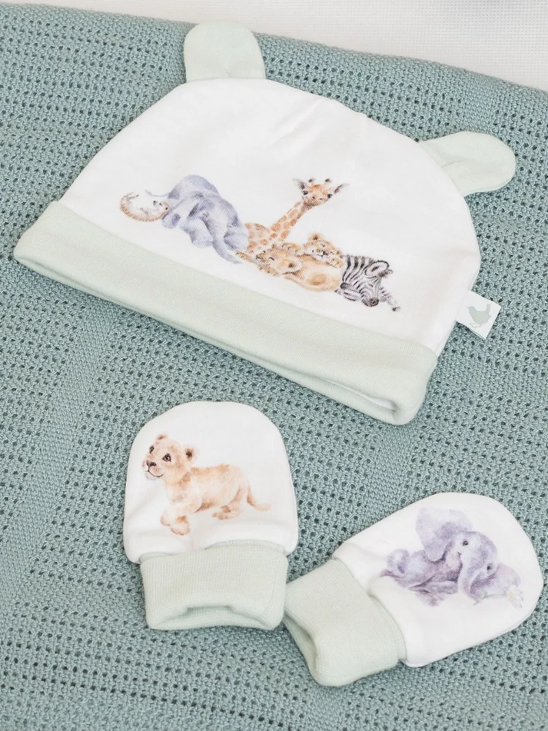 Afrika Tiere Baby-Geschenkset mit Mütze und Handschuhe von Wrendale Designs