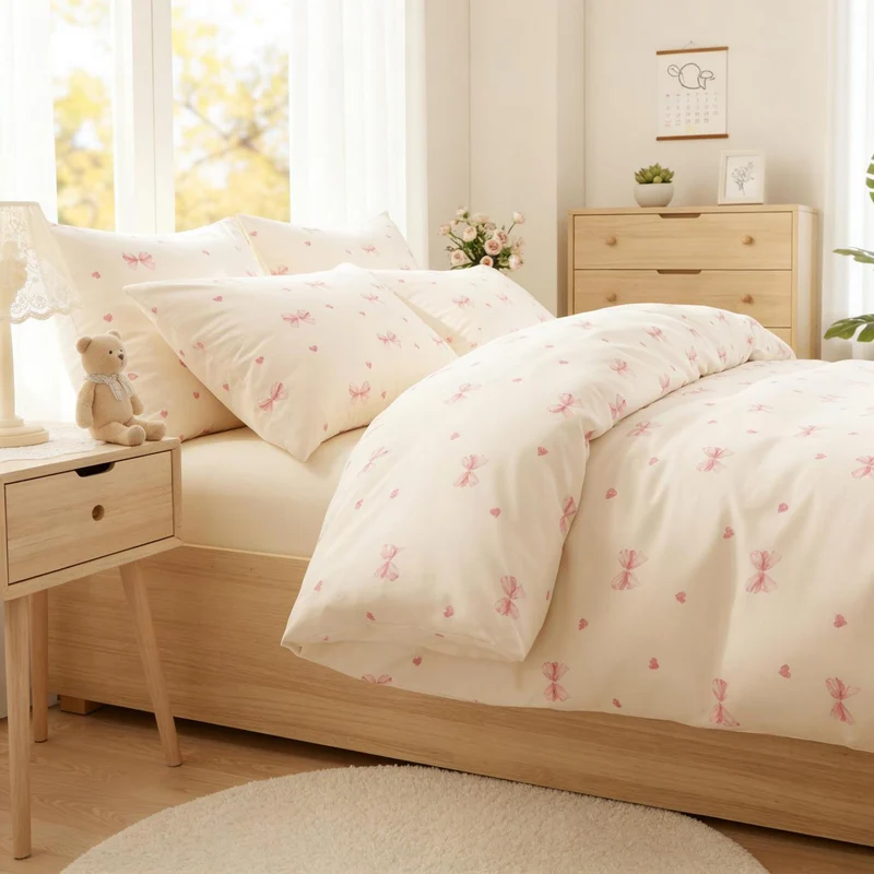 Bettwäsche Set Mädchen 135x200 Beige Rosa Schleifen Herzen