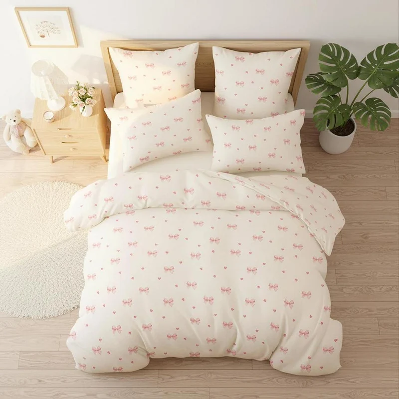 Bettwäsche Set Mädchen 135x200 Beige Rosa Schleifen Herzen