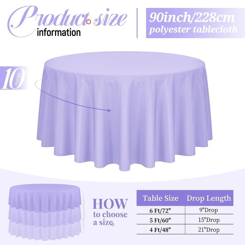 10er-Pack Runde Tischdecken Lila 228,6 cm – Flecken- & Knitterfrei