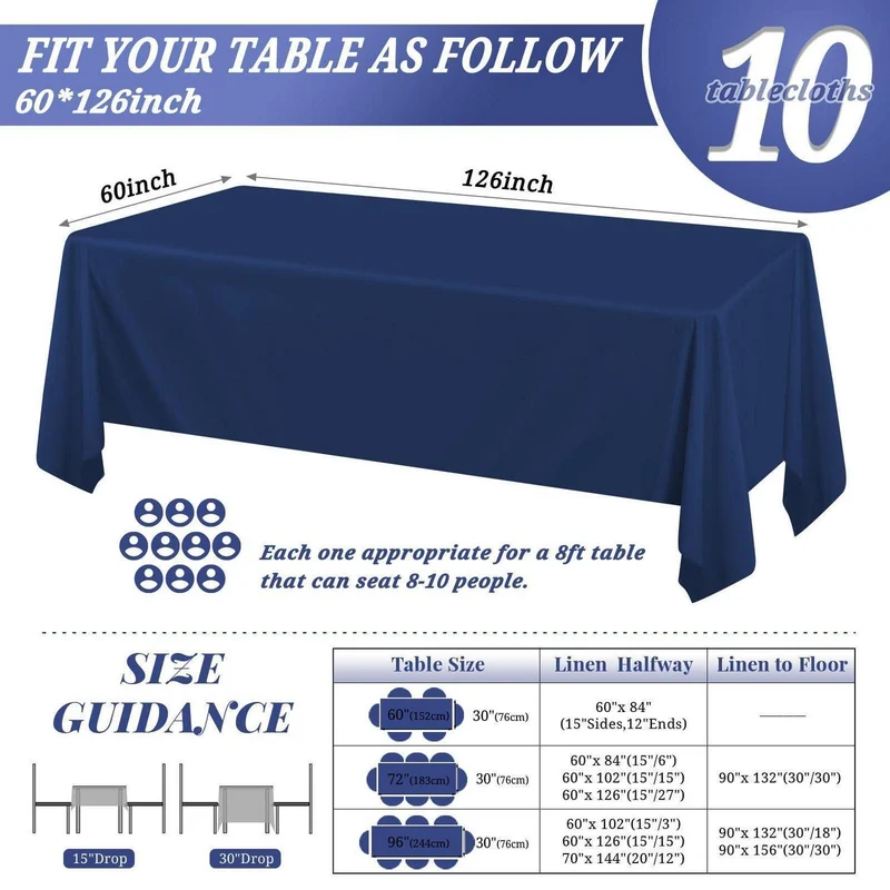 10er-Pack Marineblaue Tischdecken 60x126 Zoll – Rechteckig & Waschbar