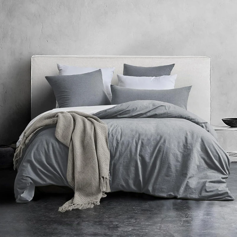 Bettwäsche-Set 135x200 Baumwolle Dunkelgrau Stone Washed Look 4-teilig