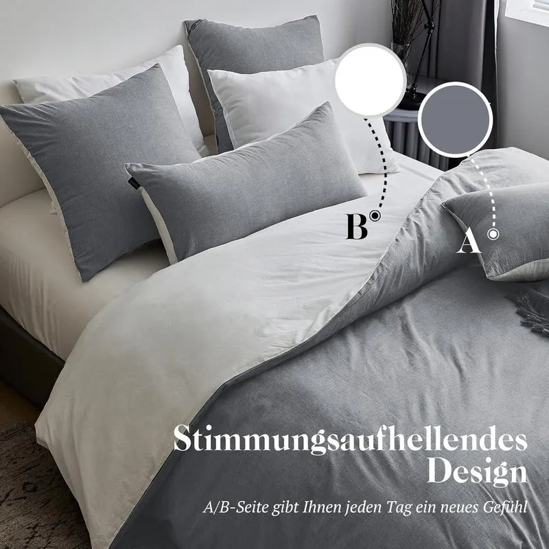 Bettwäsche-Set 135x200 Baumwolle Dunkelgrau Stone Washed Look 4-teilig