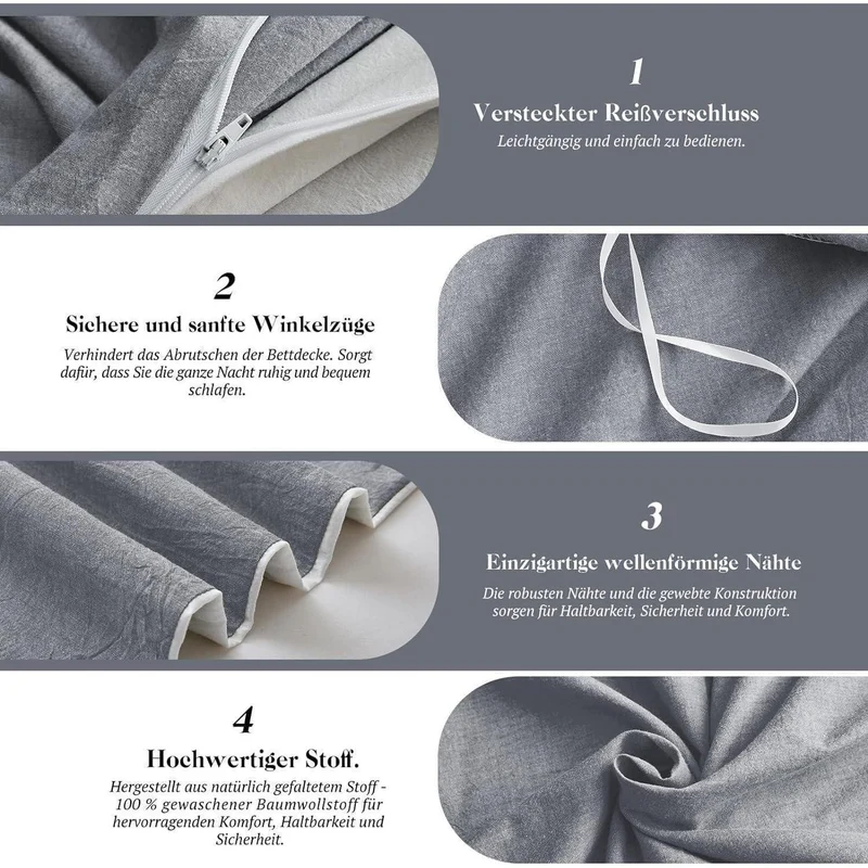 Bettwäsche-Set 135x200 Baumwolle Dunkelgrau Stone Washed Look 4-teilig