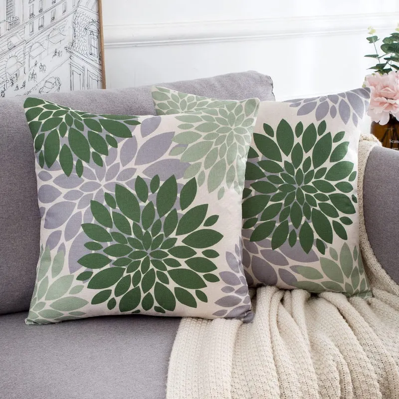 2x Kissenbezug Leinen 45x45 cm Dahlie Blumen Grün Grau