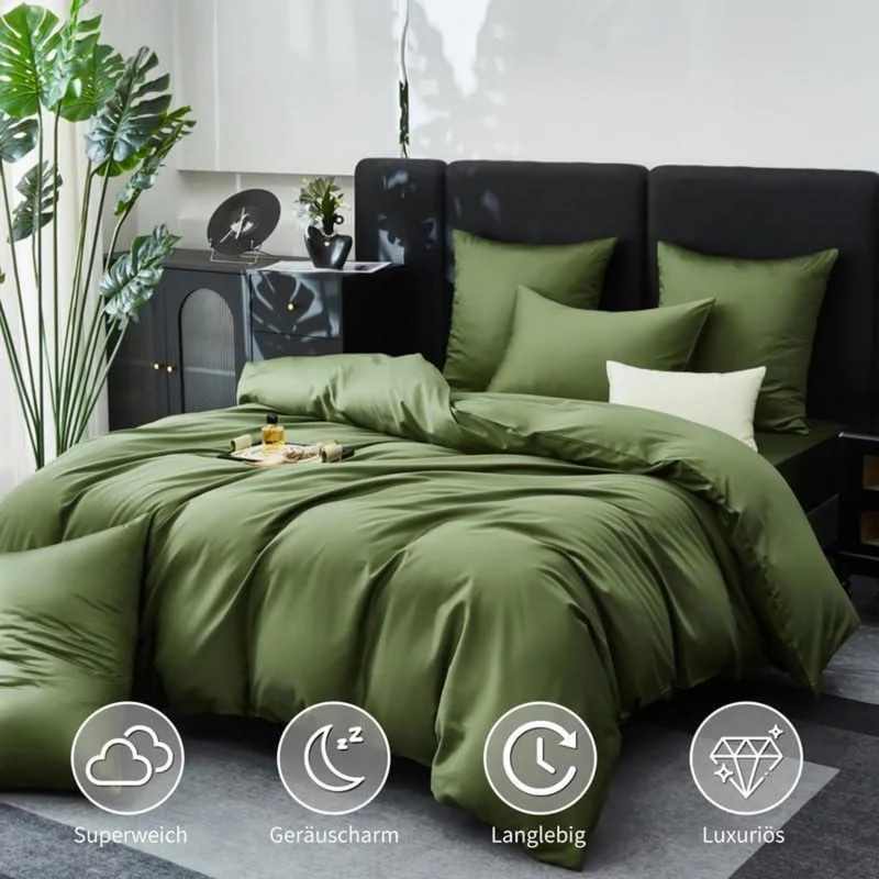 Olivgrüne Bettwäsche Set 200x200cm | 3-teilig, Mako Satin Baumwolle