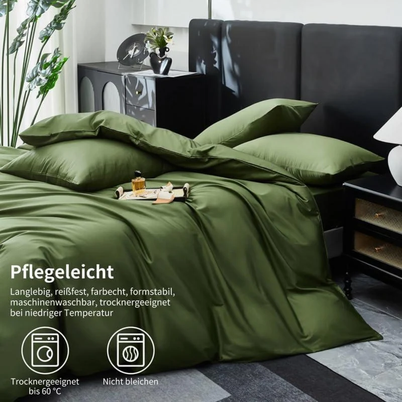 Olivgrüne Bettwäsche Set 200x200cm | 3-teilig, Mako Satin Baumwolle