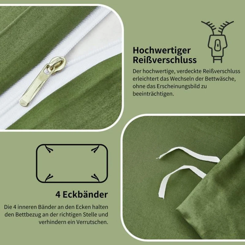 Olivgrüne Bettwäsche Set 200x200cm | 3-teilig, Mako Satin Baumwolle