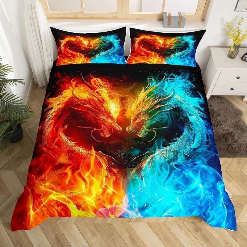 Kinder Bettwäsche Set Drache 135x200cm - Gelb Blau