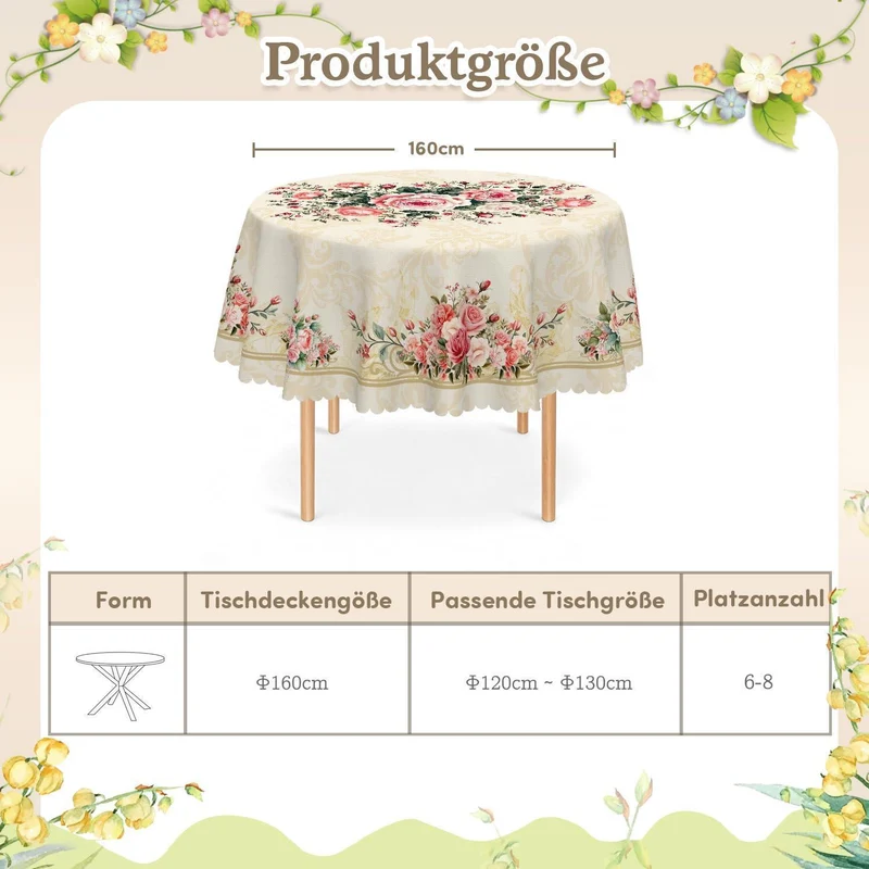 Runde Tischdecke 160 cm Rosenmuster – Wetterfest & Abwaschbar
