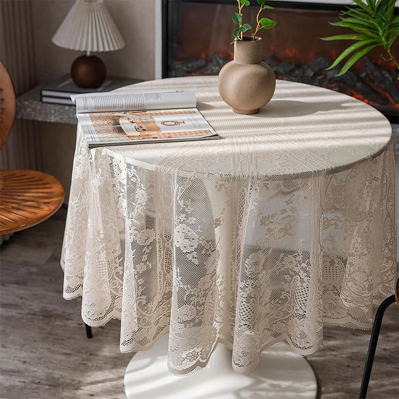 Runde Spitze Tischdecke Beige, Vintage Floral Bestickt