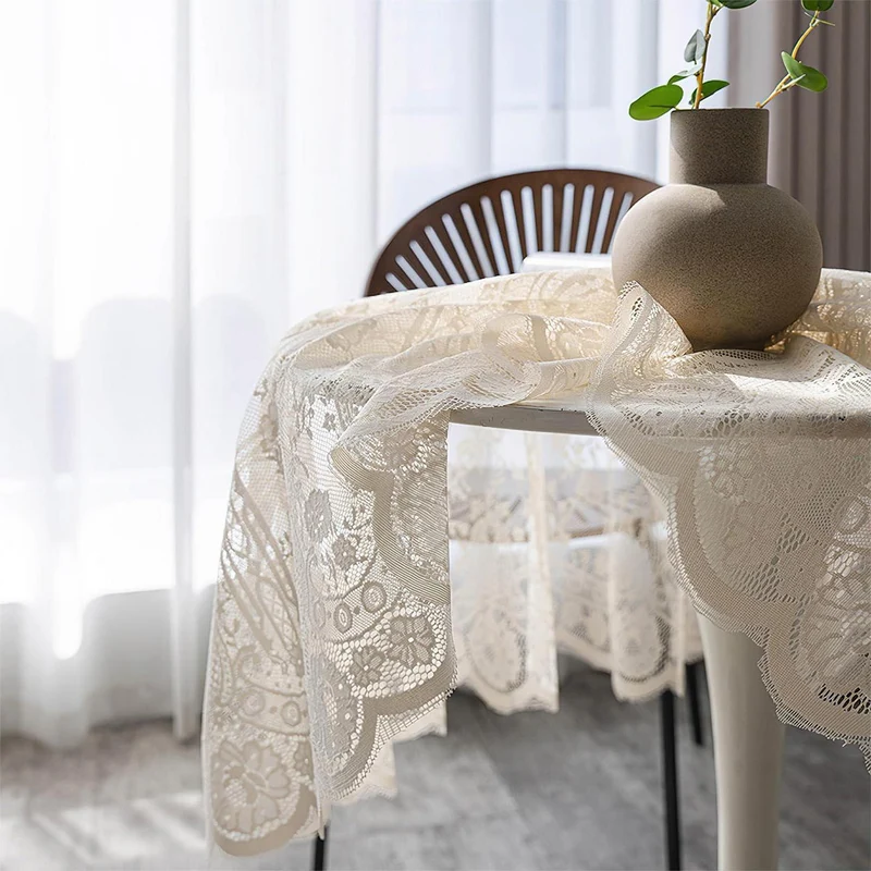 Runde Spitze Tischdecke Beige, Vintage Floral Bestickt