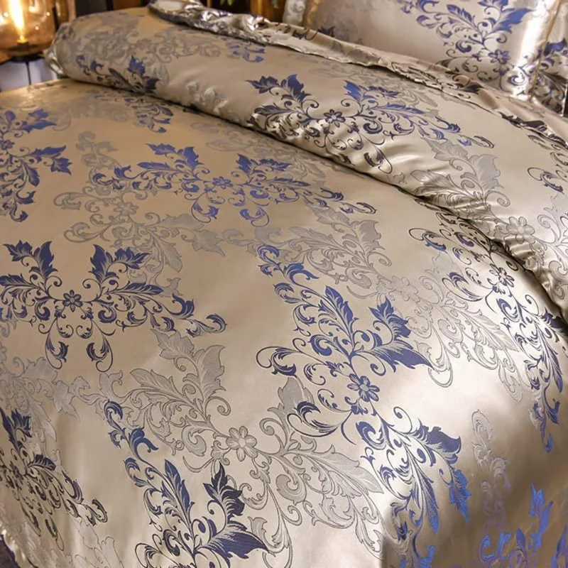 Satin Bettwäsche Set 220x240 Gold Blau Jacquard