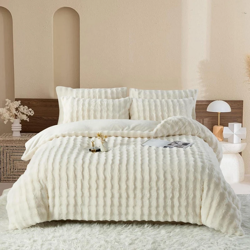 Plüsch Bettwäsche Set 200x200 Creme Weiß, Winterwarm & Kuschelig