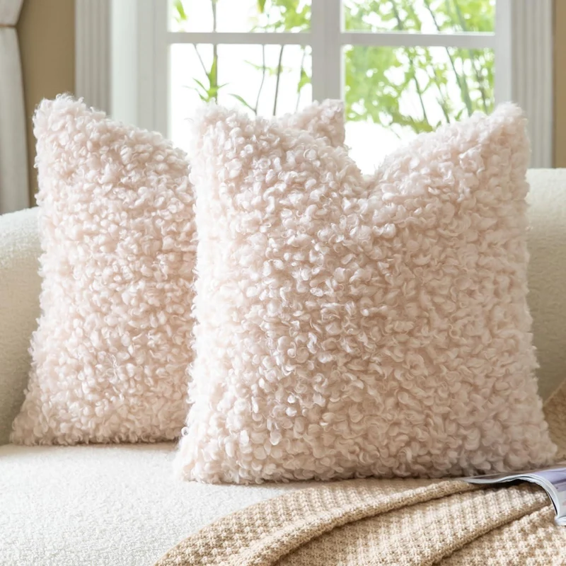 2x Kissenbezug 40x40 cm Aprikosenbeige Faux Pelz Bouclé
