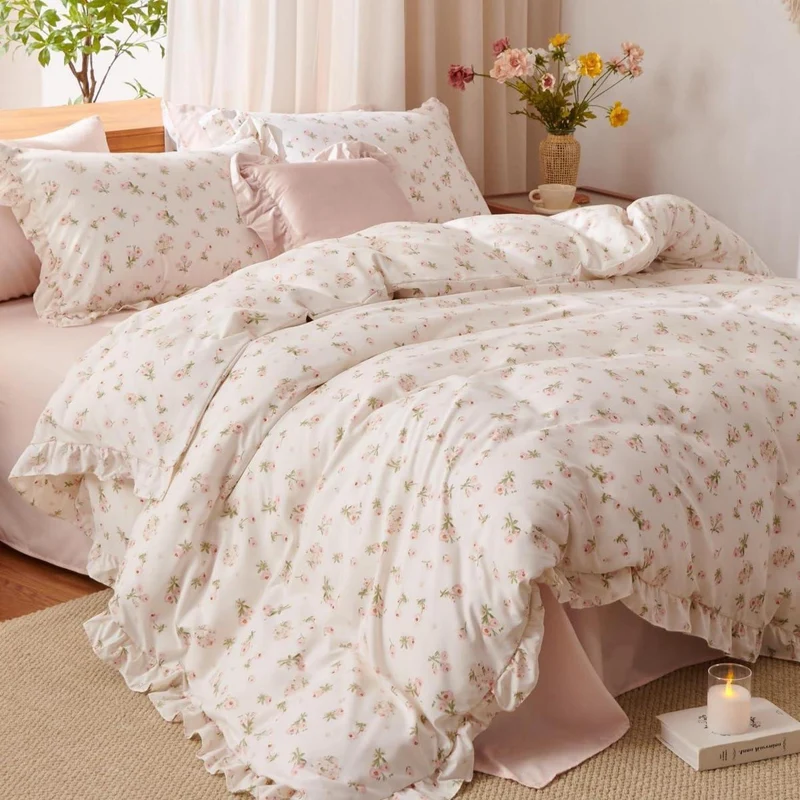 Rüschen Bettwäsche Set Rosa Blumen 200x200 + 2x80x80