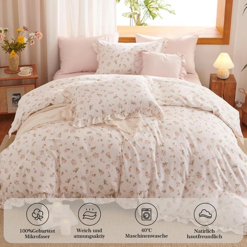 Rüschen Bettwäsche Set Rosa Blumen 200x200 + 2x80x80