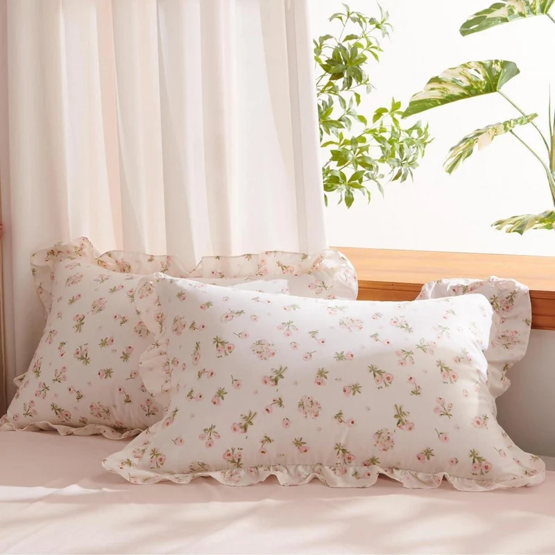 Rüschen Bettwäsche Set Rosa Blumen 200x200 + 2x80x80