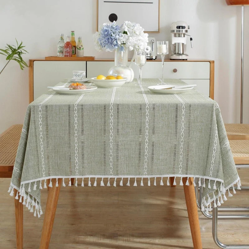 Grüne Baumwoll-Leinen Tischdecke mit Quasten | Rechteckig 140x180cm