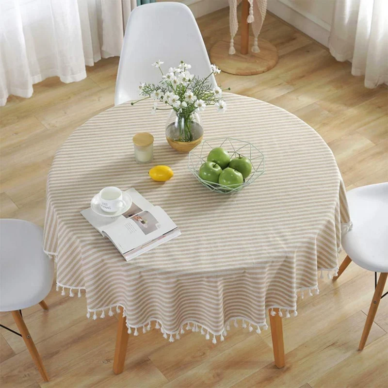 Runde Tischdecke gestreift mit Fransen – Aprikose/Weiß