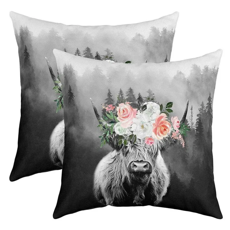Hochland Kuh Kissenbezüge 2er Set 45x45cm - Floral & Umkehrbar