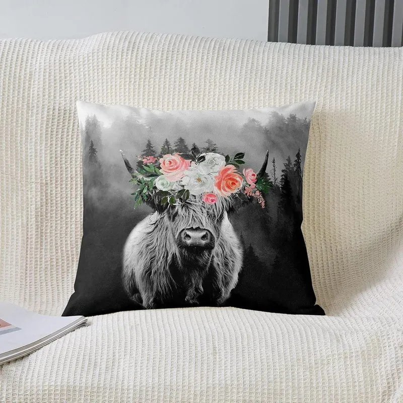 Hochland Kuh Kissenbezüge 2er Set 45x45cm - Floral & Umkehrbar