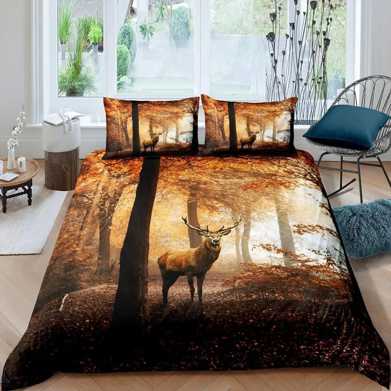 Hirsch Bettwäsche Set Braun Wald Motiv 155x220cm