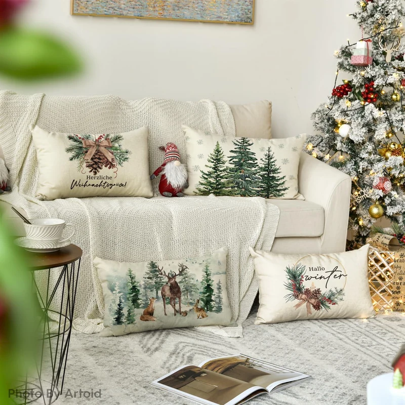 Weihnachtliche Kissenbezüge 4er Set - Holly, Kiefernzapfen, Rentier