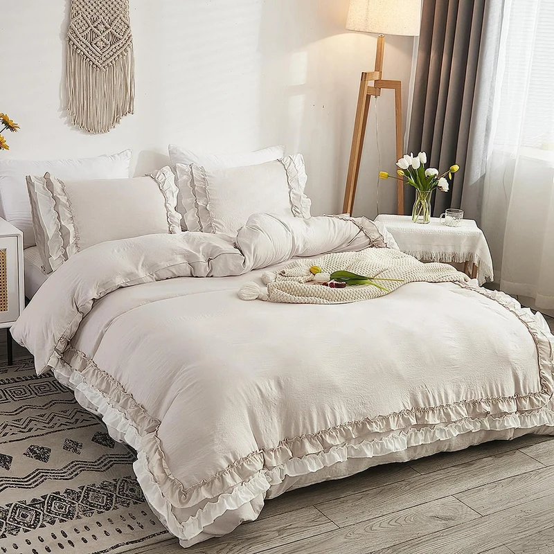 Luxus Rüschen Bettwäsche 220x240 - 3tlg. Weiß Beige Mikrofaser